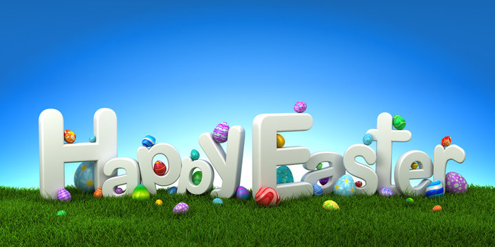 Happy Easter text with colorful eggs on green grass with blue sky - 3d render