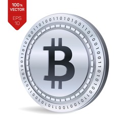 Bitcoin. 3D isometric Physical bit coin. Digital currency. Cryptocurrency. Silver coin with bitcoin symbol isolated on white background. Stock vector illustration.