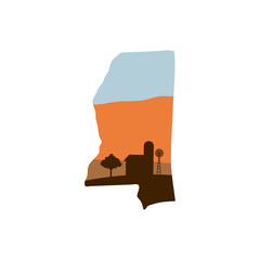 Mississippi State Shape with Farm at Sunset w Windmill, Barn, and a Tree