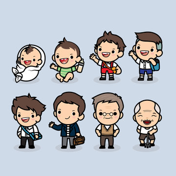 Set of man character in different ages , Generation of people and stages of growing up , baby, child, teenager, adult, uncle, elderly person , Vector illustration in cute cartoon.