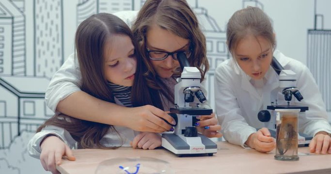Teacher and students prepare a microscope, adjust the microscope for work