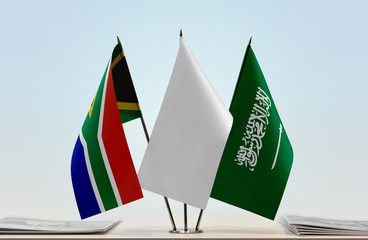 Flags of Republic of South Africa and Saudi Arabia with a white flag in the middle