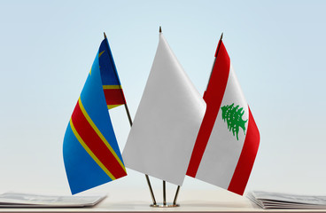Flags of Democratic Republic of the Congo (DRC, DROC, Congo-Kinshasa) and Lebanon with a white flag...