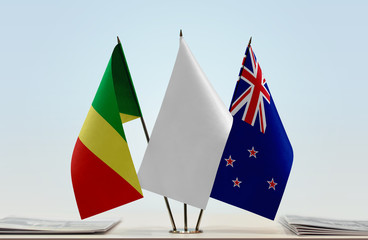 Flags of Republic of the Congo and New Zealand with a white flag in the middle