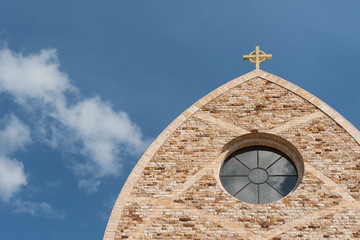 Closeup of the top of the Ave Maria oratory in Ave Maria, Florida