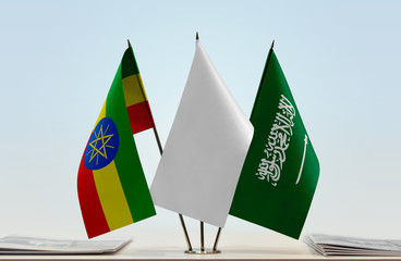 Flags of Ethiopia and Saudi Arabia with a white flag in the middle