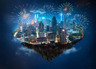 Fotobehang Fantasy island floating in the air with modern city skyline and lake garden, Night scene with firework celebration. © jamesteohart