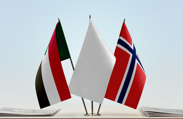 Flags of Sudan and Norway with a white flag in the middle