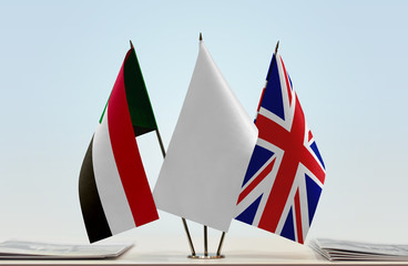Flags of Sudan and United Kingdom with a white flag in the middle