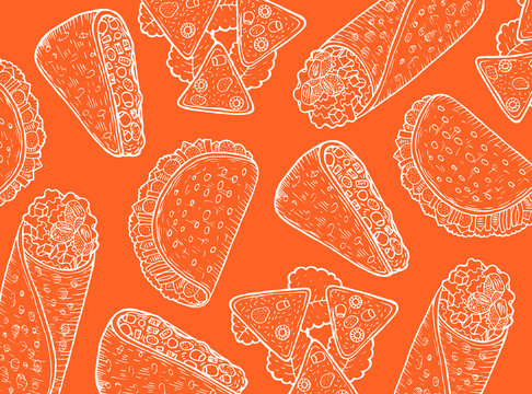 Mexican Food Orange Background. Graphic Doodle Pattern With Burrito, Taco. Vector Illustration