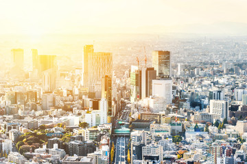 Asia Business concept for real estate and corporate construction - panoramic modern city skyline bird eye aerial view of Shinjuku & Shibuya under blue sky in Roppongi Hill, Tokyo, Japan