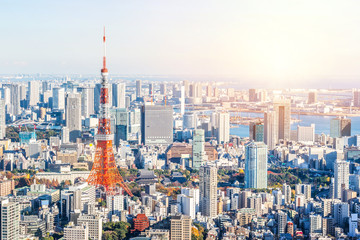 Asia Business concept for real estate and corporate construction - panoramic modern city skyline bird eye aerial view of tokyo and odaiba under blue sky in Roppongi Hill, Tokyo, Japan