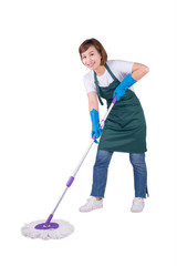 Young Asian housewife cleaning floor with mop