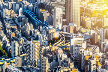 Asia Business concept for real estate and corporate construction - panoramic modern city skyline bird eye aerial view of Odaiba & Tokyo Metropolitan Expressway junction in Roppongi Hill, Tokyo, Japan