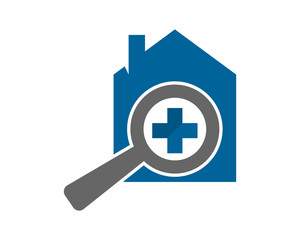 Fototapeta premium blue cross medical magnifier magnifying glass home housing house residence real estate image vector icon