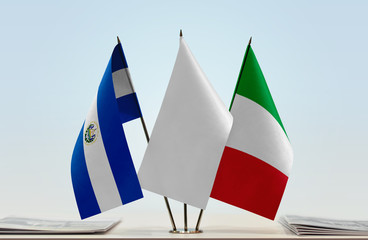 Flags of El Salvador and Italy with a white flag in the middle