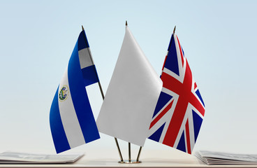 Flags of El Salvador and United Kingdom with a white flag in the middle