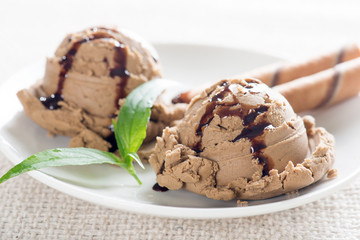 Close up chocolate ice cream plate