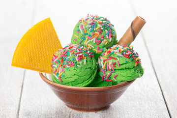 Green ice cream in bowl