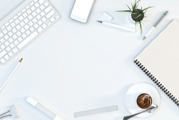 Office workspace with computer keyboard, stationery set, cup of coffee and smartphone on desk. Top view. Flat lay. 3D illustration