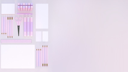 Modern work space with stationery set on pink color background. Top view. Flat lay. 3D illustration
