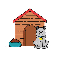 cute dog mascot with wooden house and dish food vector illustration design