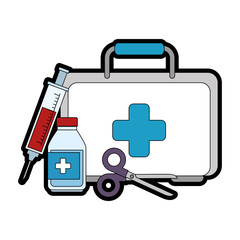 medical kit with scissors and bottle vector illustration design