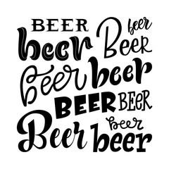 Word Beer hand drawn lettering in different styles vector set. Template illustration for banner, poster or label, typographic design.