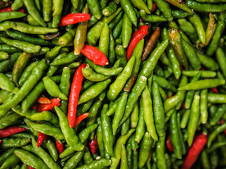 fresh green & red Chilli at a market in thailand from above