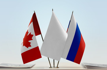 Flags of Canada and Russia with a white flag in the middle