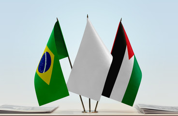 Flags of Brazil and Palestine with a white flag in the middle