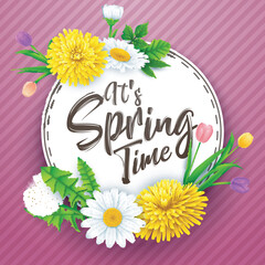 It's spring time banner with round frame and flowers on striped purple background