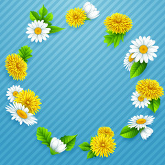 Round frame of flowers on striped blue background