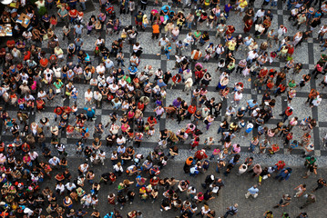 Aerial photograph of people gathered in a square