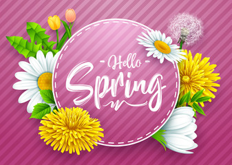 Hello spring banner with round frame and various flower on striped purple background - 193519723