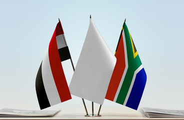 Flags of Yemen and Republic of South Africa with a white flag in the middle