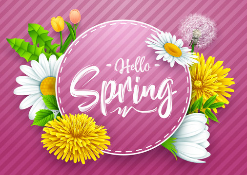 Hello spring banner with round frame and various flower on striped purple background