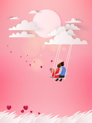 Romantic couple on a swing.  Lover honeymoon vacation summer holidays. Love concept. Happy Valentine's Day wallpaper, poster, card. Vector illustration