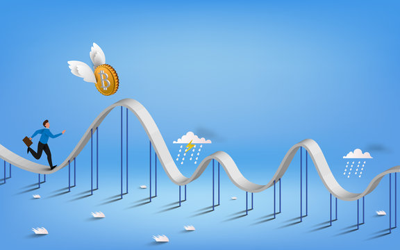 Bitcoin Currency Symbol And Business Graph Illustration Design Isolated Graphic. Bitcoin And Business Man On Roller Coaster.  3D Vecter Illustration