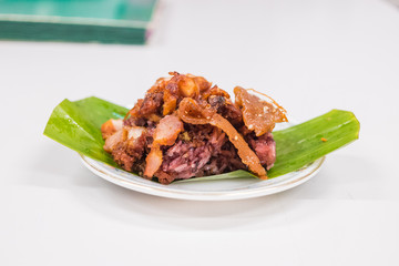 fried pork with black sticky rice,Thai food