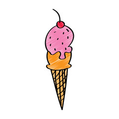 Strawberry ice cream cone with chocolate icing and cherry on top vector illustration