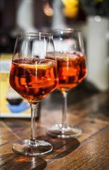 Aperol spritz cocktail in the Italian bar. Traditional mediterranean drink alcohol