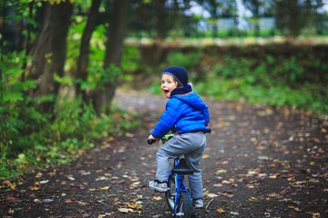 Amazing kid boy on a bicycle at forest road in spring or fall season. Cute boy learning to ride bicycle on a forest path. Adorable child having fun on his first bicycle on spring or autumn day