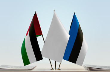 Flags of Palestine and Estonia with a white flag in the middle