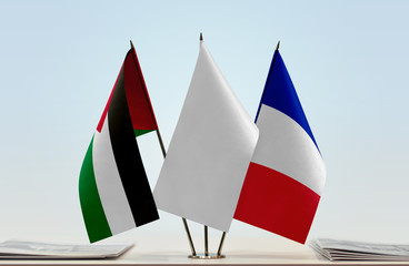 Flags of Palestine and France with a white flag in the middle