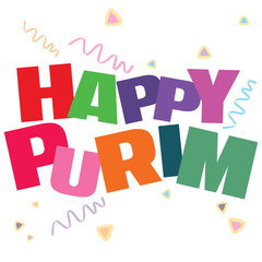 Typographic illustration of Happy Purim in bright happy colors on an isolated white background