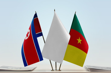 Flags of North Korea and Cameroon with a white flag in the middle