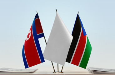 Flags of North Korea and South Sudan with a white flag in the middle