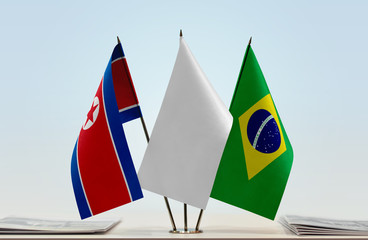 Flags of North Korea and Brazil with a white flag in the middle