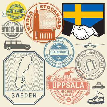 Travel stamps or symbols set Sweden, Scandinavia
